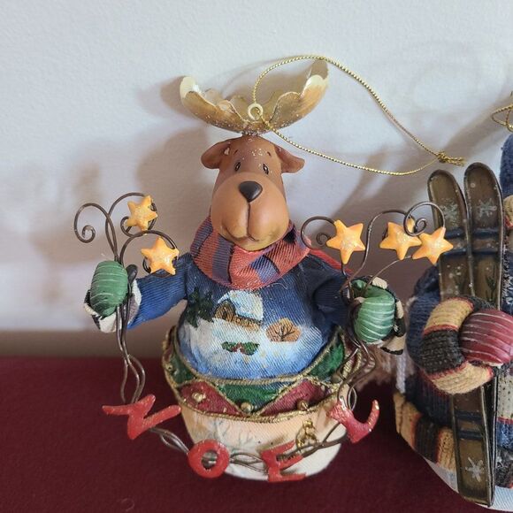 Vintage Fabric Mache Holiday Winter Christmas Ornaments Snowmen & Moose Set of 4 - Picture 4 of 16